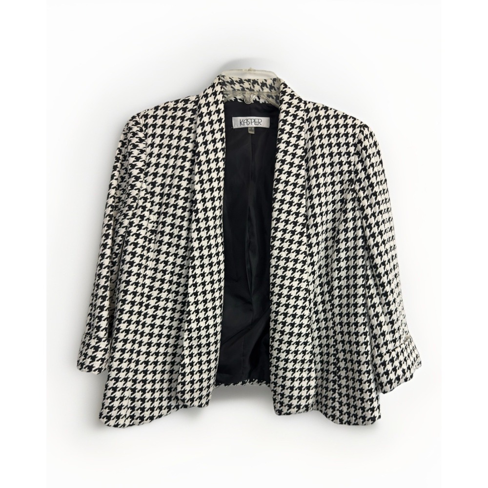 Kasper Women's 6 Houndstooth Knit Jacket Open Front 3/4 Sleeve Lined Black White